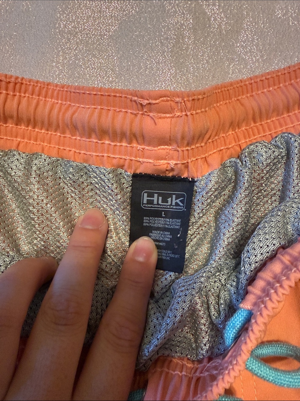 Huk Coral active shorts with Teal Drawstring - Picture 2 of 4